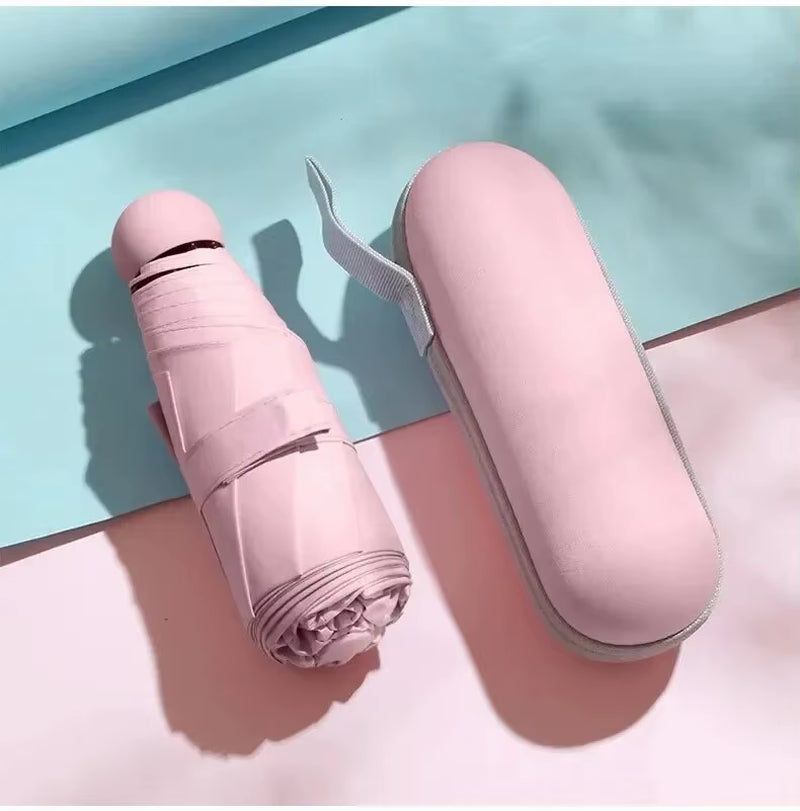 Portable Mini Capsule Umbrella - Dual Use Sunshade and Rain Protection with Black Rubber Alloy Handle, Foldable Design