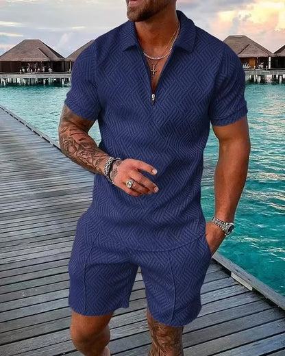 2026 Men's Fashion Polo Set - Solid Summer V-Neck Zipper Short Sleeve Shirt and Shorts Two-Piece Casual Suit