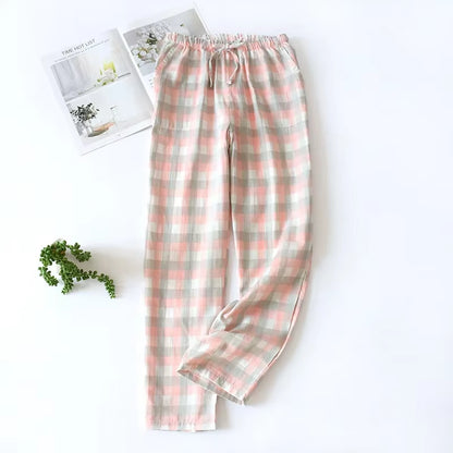 Men's Cotton Gauze Plaid Sleep Pants and Women's Pajama Bottoms for Couples