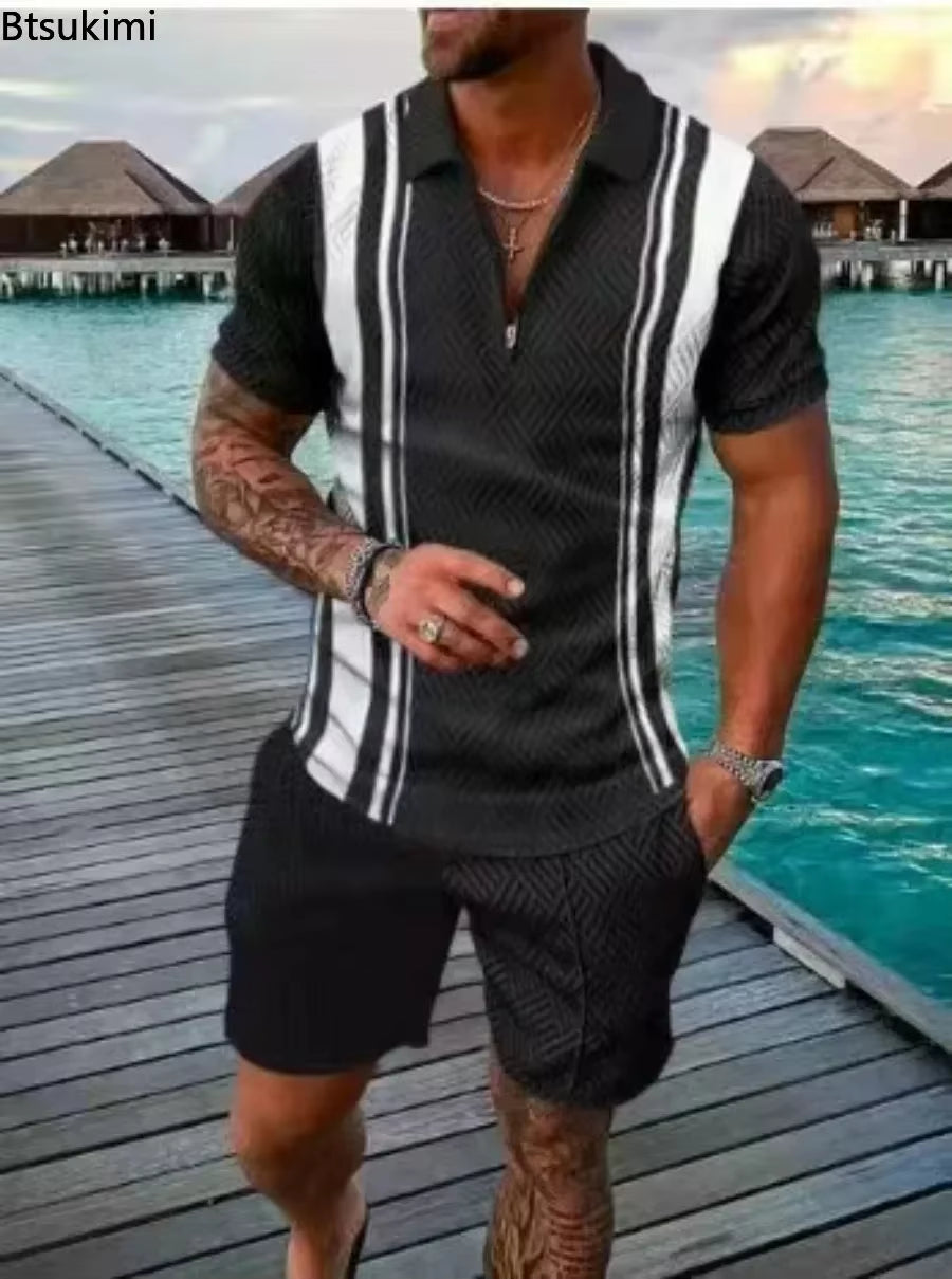 2026 Men's Fashion Polo Set - Solid Summer V-Neck Zipper Short Sleeve Shirt and Shorts Two-Piece Casual Suit