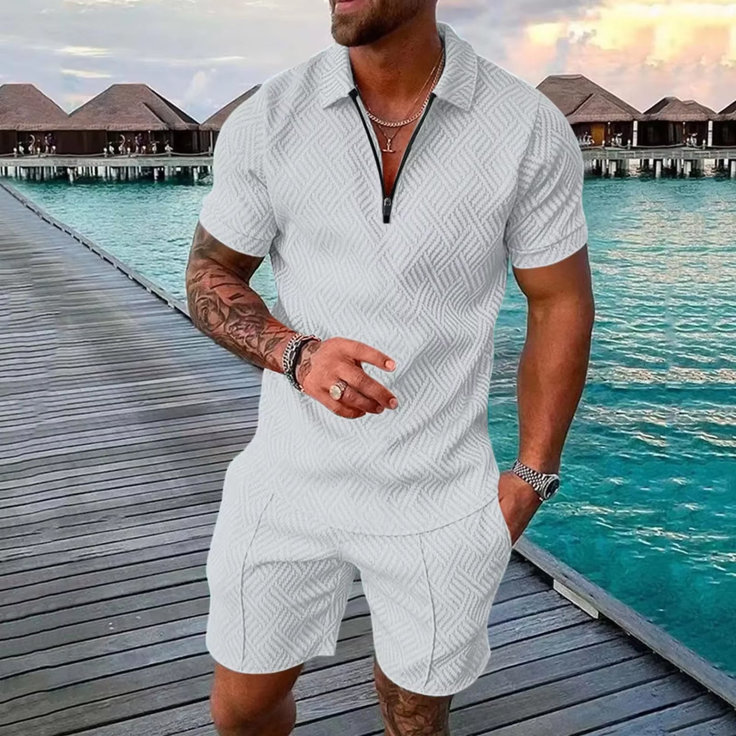 2026 Men's Fashion Polo Set - Solid Summer V-Neck Zipper Short Sleeve Shirt and Shorts Two-Piece Casual Suit