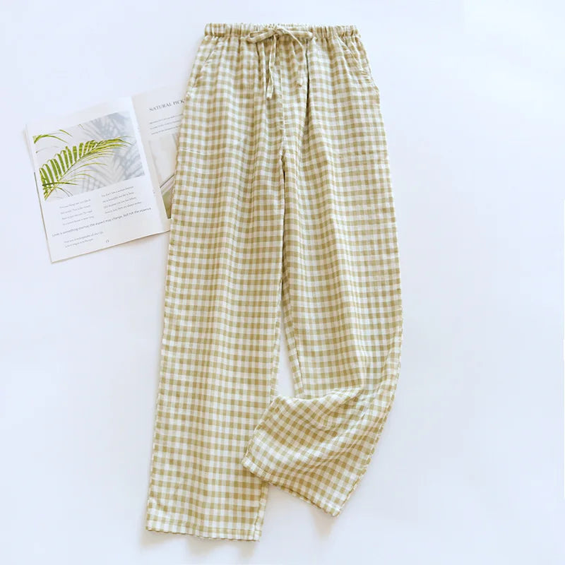 Men's Cotton Gauze Plaid Sleep Pants and Women's Pajama Bottoms for Couples