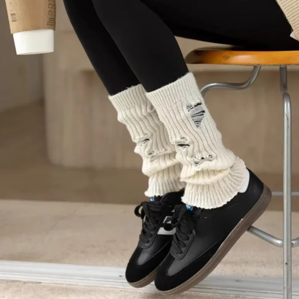 Women's Knitted Long Socks and Arm Warmers - Crochet Leg Warmers for Autumn and Winter in White