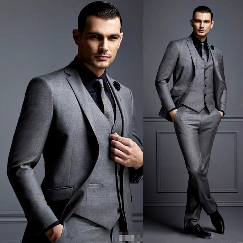 Men's Slim Fit Grey Suit Set for Weddings - Affordable Groom Tuxedo with Jacket, Vest, and Pants