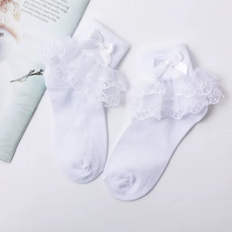 Girls' Cotton Lace Socks - White Princess Dance Socks for Children