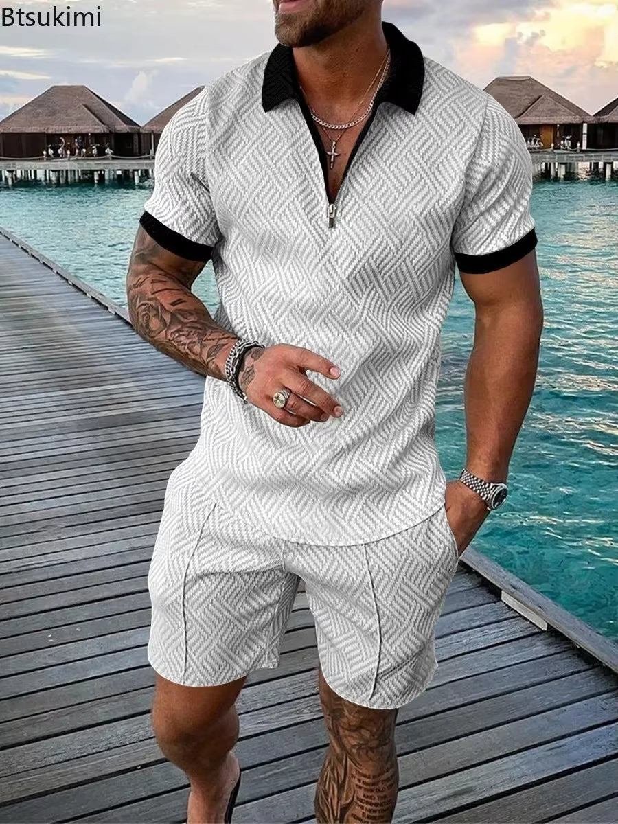 2026 Men's Fashion Polo Set - Solid Summer V-Neck Zipper Short Sleeve Shirt and Shorts Two-Piece Casual Suit