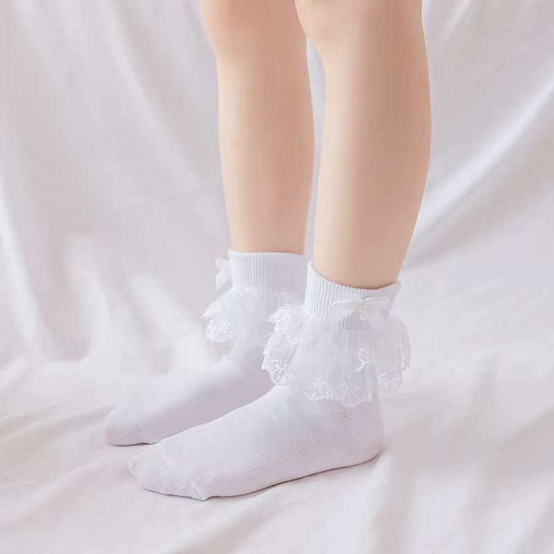 Girls' Cotton Lace Socks - White Princess Dance Socks for Children