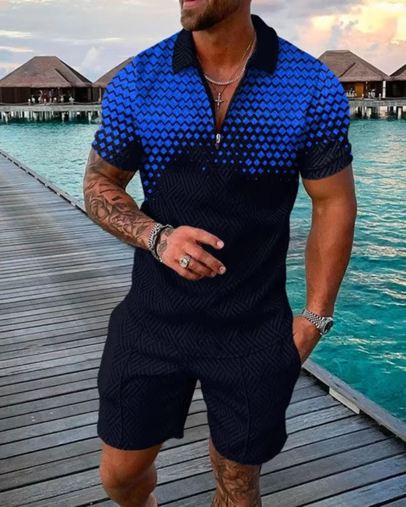 2026 Men's Fashion Polo Set - Solid Summer V-Neck Zipper Short Sleeve Shirt and Shorts Two-Piece Casual Suit