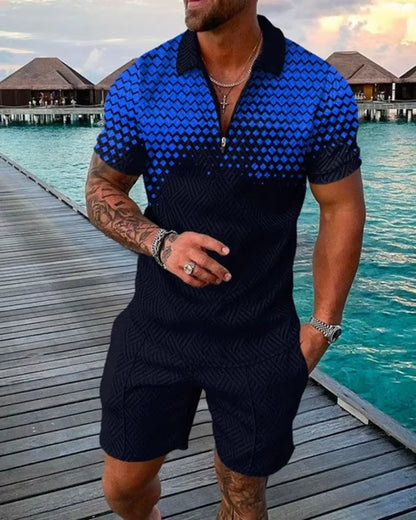 2026 Men's Fashion Polo Set - Solid Summer V-Neck Zipper Short Sleeve Shirt and Shorts Two-Piece Casual Suit