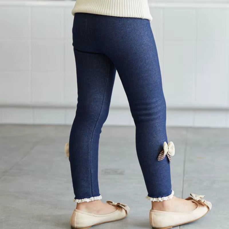Girls' Thick Warm Jean Leggings with Bow Detail - Winter and Spring Trousers for Kids
