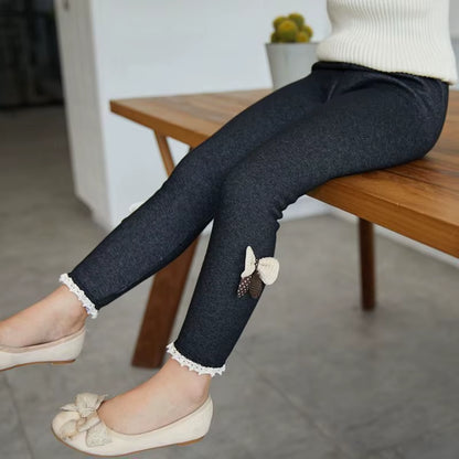 Girls' Thick Warm Jean Leggings with Bow Detail - Winter and Spring Trousers for Kids