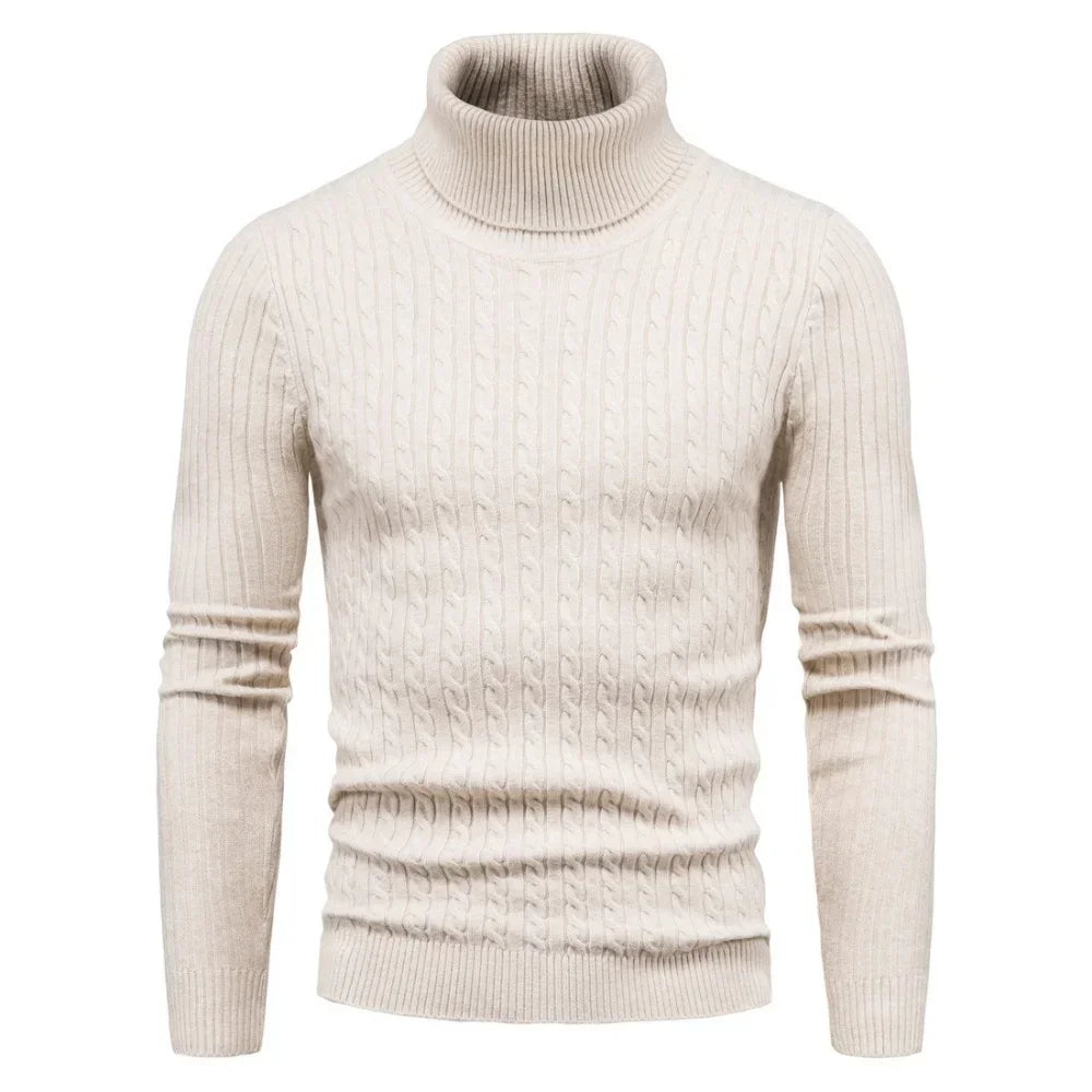 Men's Slim Fit Turtleneck Sweater - Solid Color Knit Pullover for Autumn and Winter