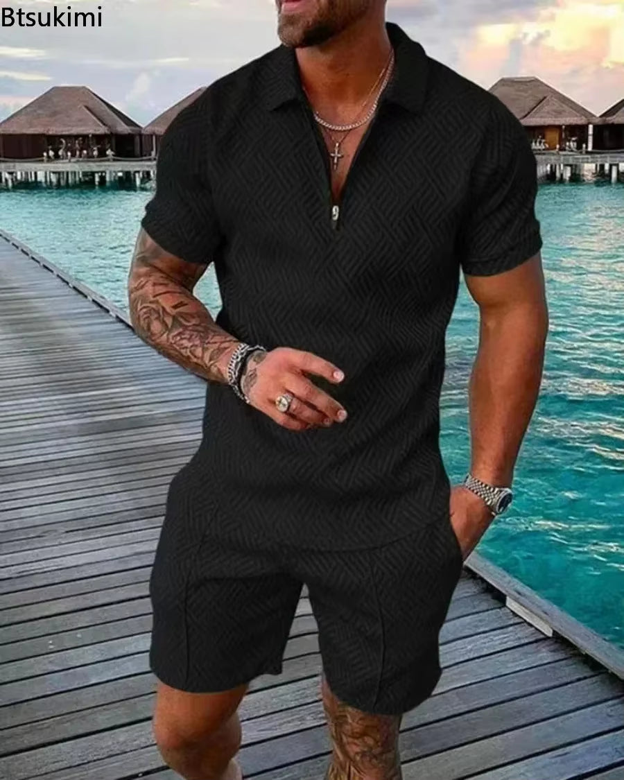 2026 Men's Fashion Polo Set - Solid Summer V-Neck Zipper Short Sleeve Shirt and Shorts Two-Piece Casual Suit