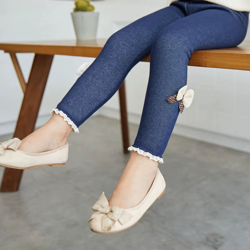 Girls' Thick Warm Jean Leggings with Bow Detail - Winter and Spring Trousers for Kids