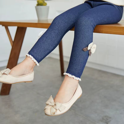 Girls' Thick Warm Jean Leggings with Bow Detail - Winter and Spring Trousers for Kids