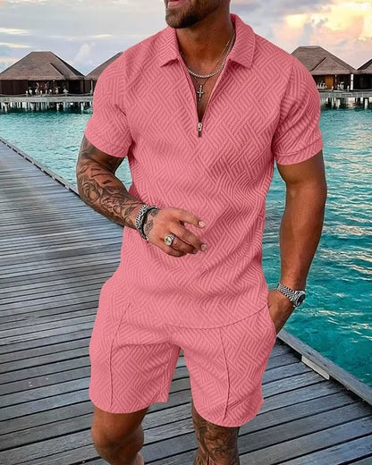 2026 Men's Fashion Polo Set - Solid Summer V-Neck Zipper Short Sleeve Shirt and Shorts Two-Piece Casual Suit