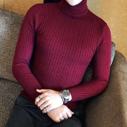 Men's Slim Fit Turtleneck Sweater - Solid Color Knit Pullover for Autumn and Winter
