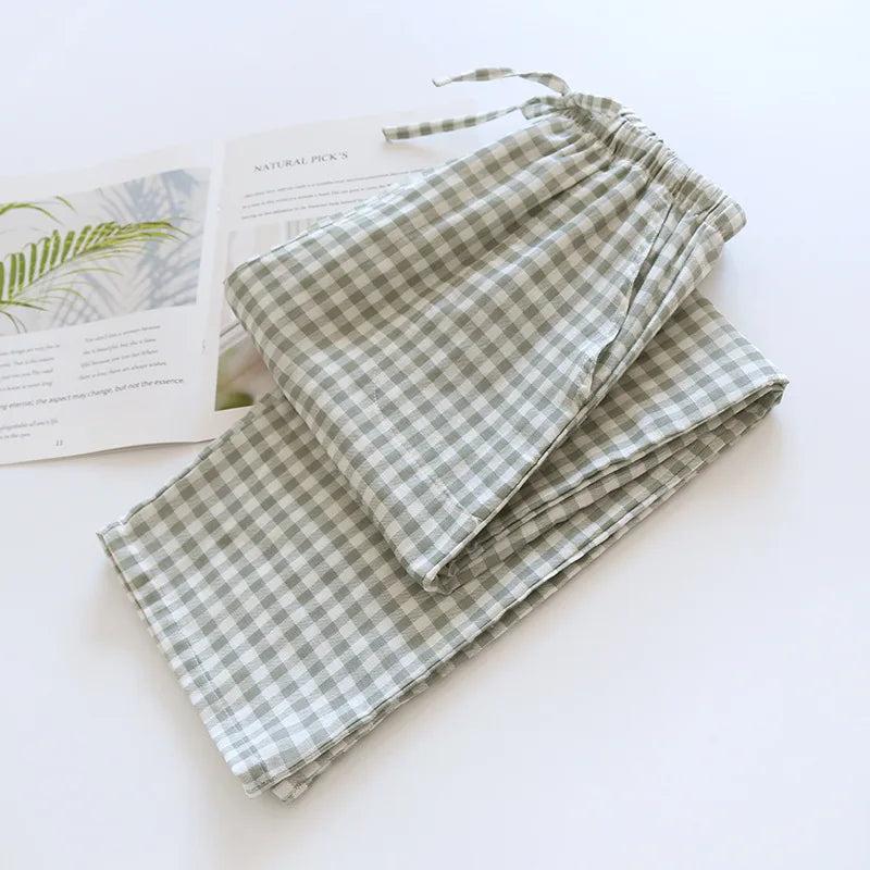 Men's Cotton Gauze Plaid Sleep Pants and Women's Pajama Bottoms for Couples