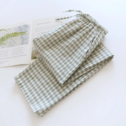 Men's Cotton Gauze Plaid Sleep Pants and Women's Pajama Bottoms for Couples