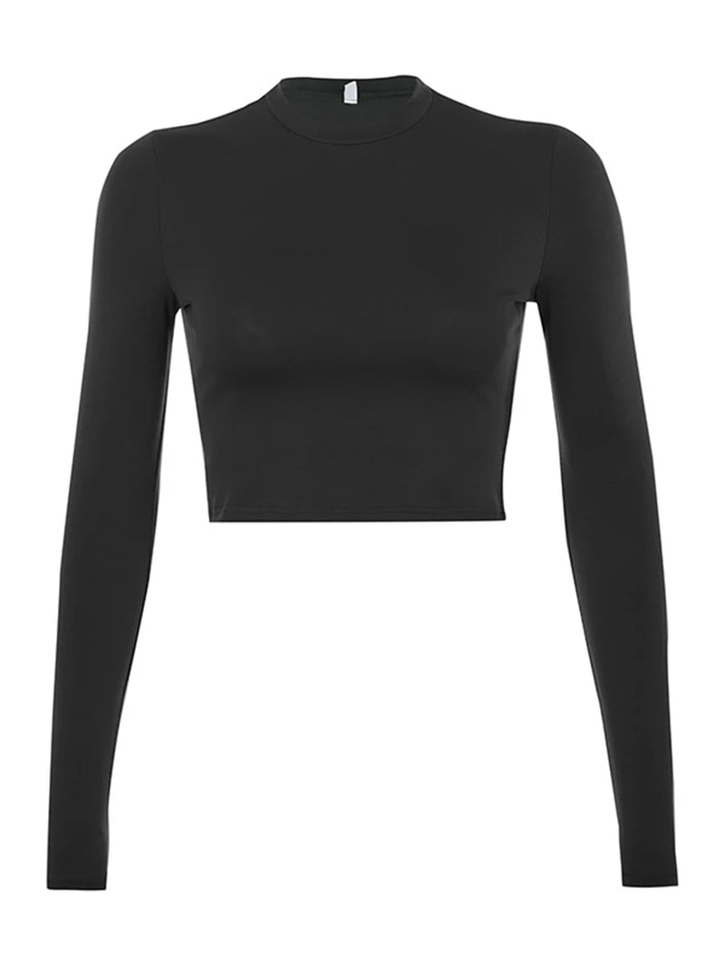Women's Solid Basic Long Sleeve Casual Crop Top T-Shirt in Black and White - Fashionable Korean Style Tee