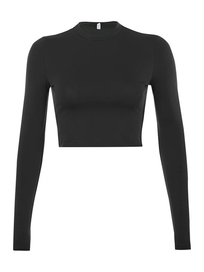 Women's Solid Basic Long Sleeve Casual Crop Top T-Shirt in Black and White - Fashionable Korean Style Tee