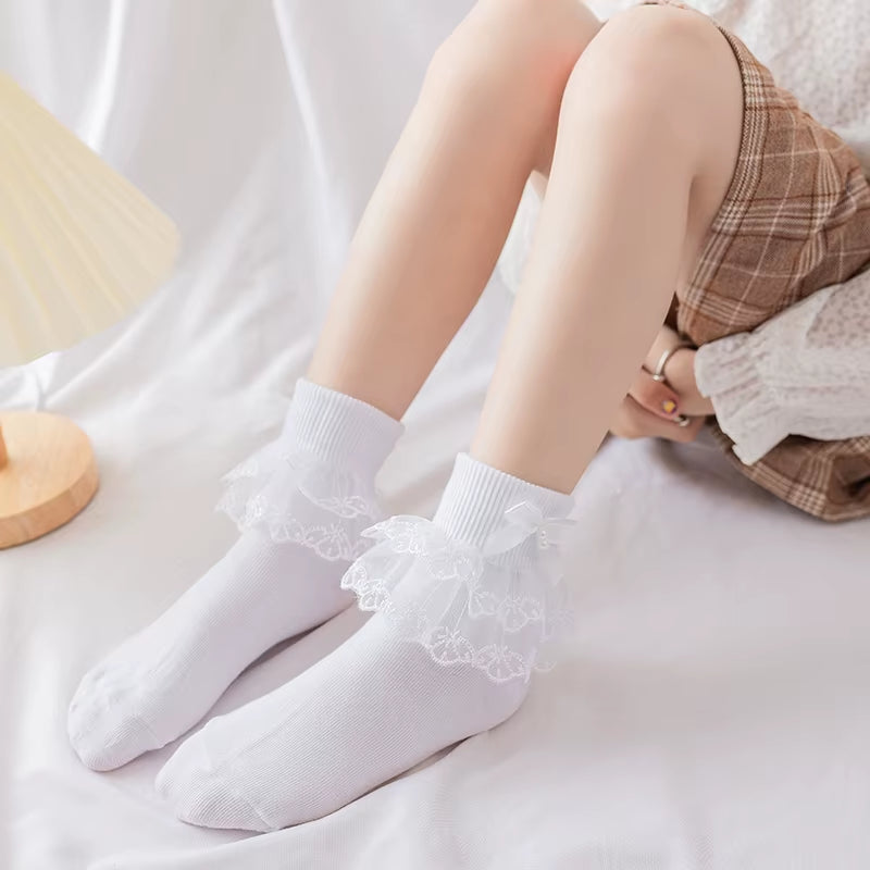Girls' Cotton Lace Socks - White Princess Dance Socks for Children