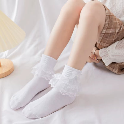 Girls' Cotton Lace Socks - White Princess Dance Socks for Children