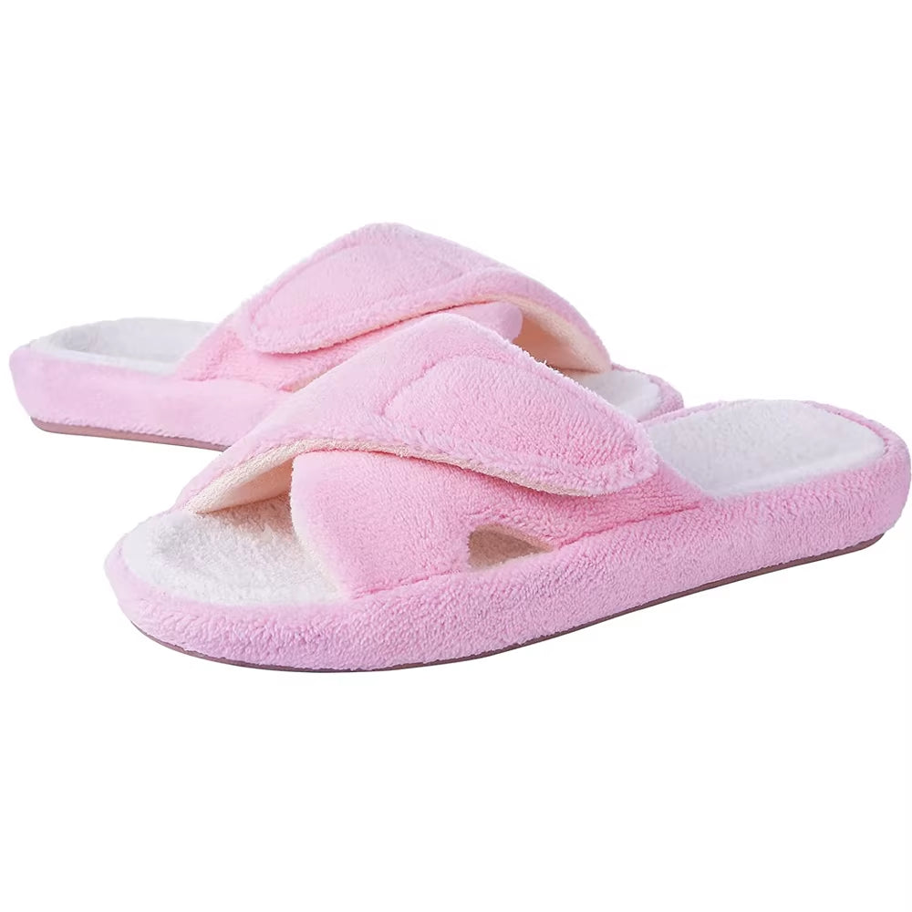 Women's Terry Cloth Fuzzy House Slippers with Arch Support - Open Toe Cotton Indoor Footwear for All Seasons