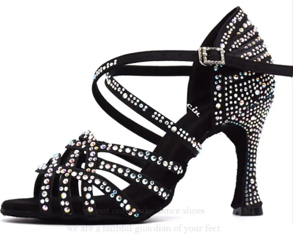 Women's Rhinestone-Embellished Salsa and Latin Dance Shoes - Black, 9cm Heels