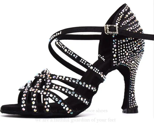 Women's Rhinestone-Embellished Salsa and Latin Dance Shoes - Black, 9cm Heels