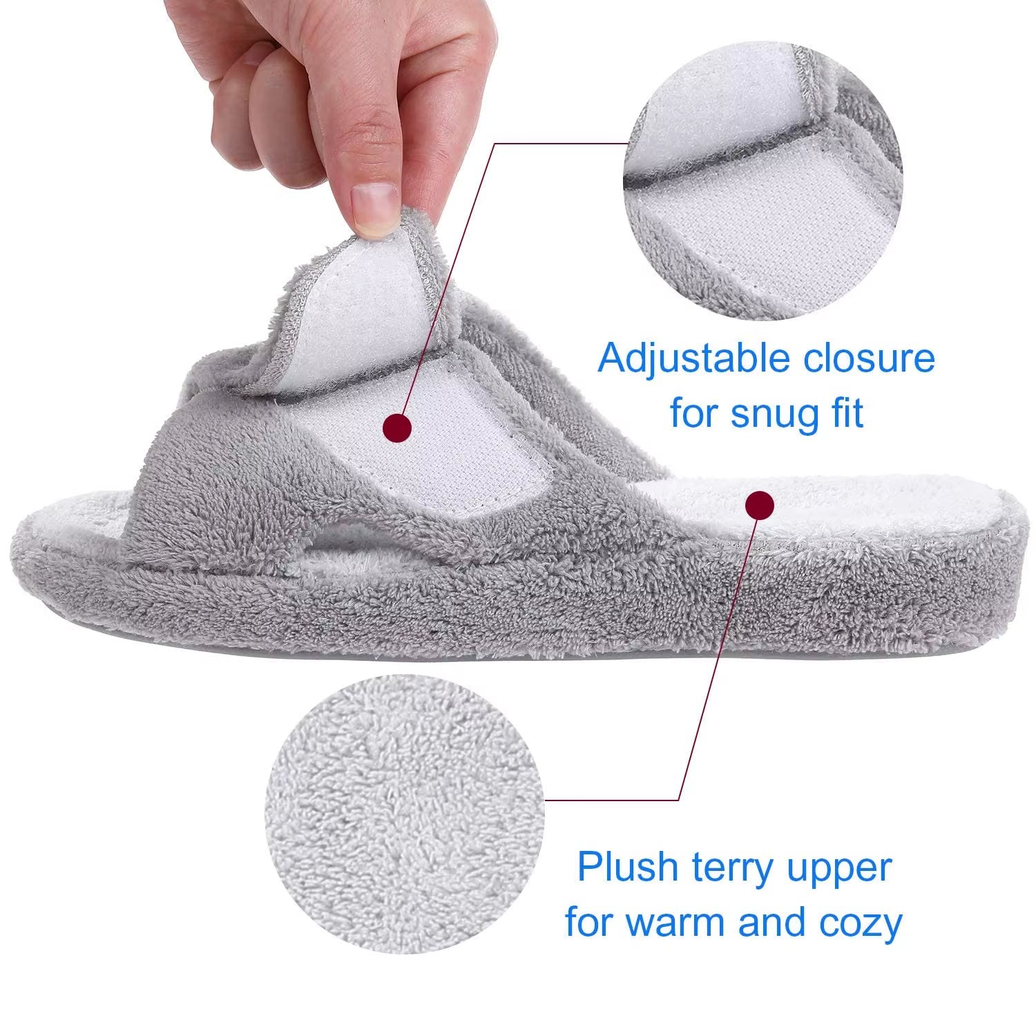 Women's Terry Cloth Fuzzy House Slippers with Arch Support - Open Toe Cotton Indoor Footwear for All Seasons
