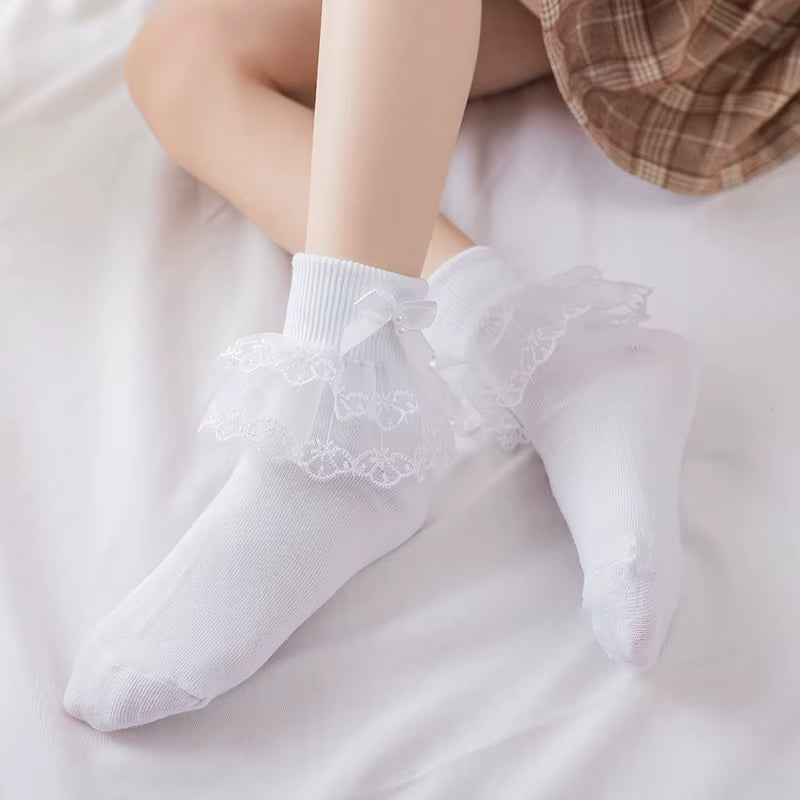 Girls' Cotton Lace Socks - White Princess Dance Socks for Children
