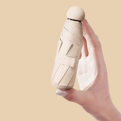 Portable Mini Capsule Umbrella - Dual Use Sunshade and Rain Protection with Black Rubber Alloy Handle, Foldable Design