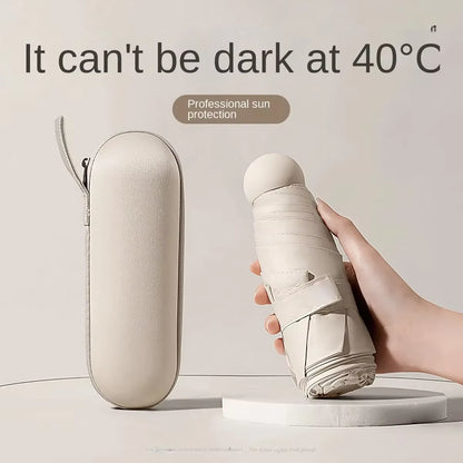 Portable Mini Capsule Umbrella - Dual Use Sunshade and Rain Protection with Black Rubber Alloy Handle, Foldable Design