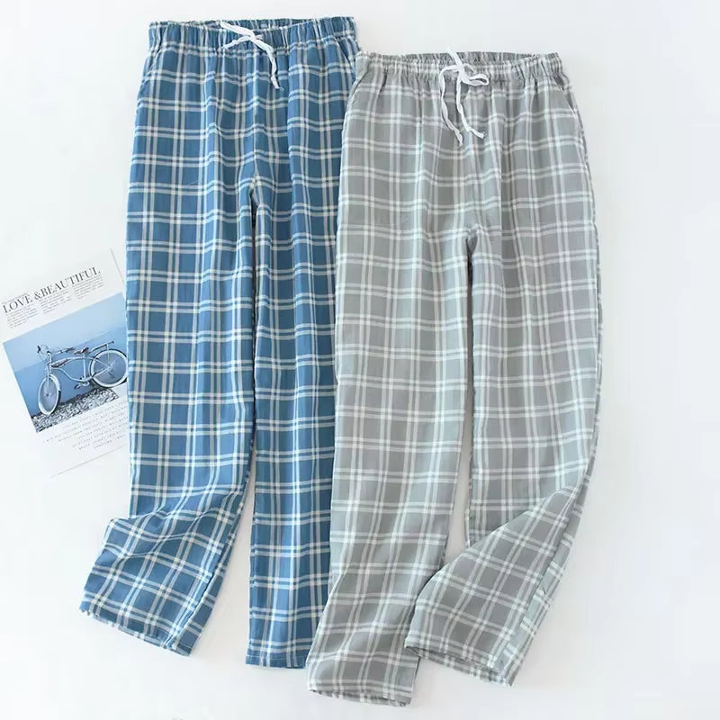 Men's Cotton Gauze Plaid Sleep Pants and Women's Pajama Bottoms for Couples