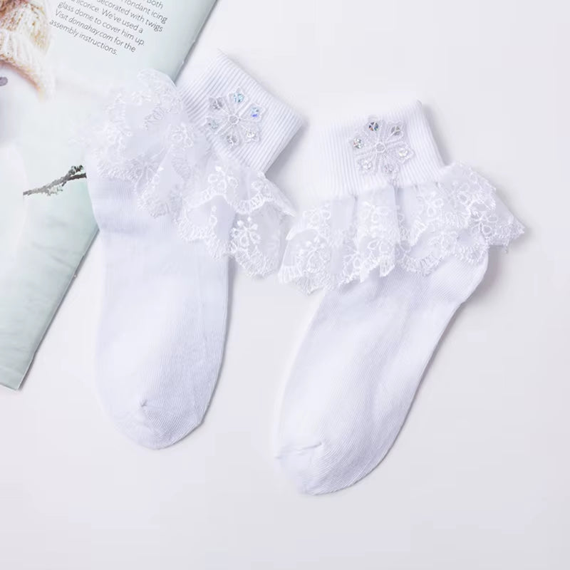 Girls' Cotton Lace Socks - White Princess Dance Socks for Children