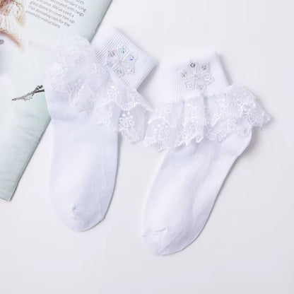 Girls' Cotton Lace Socks - White Princess Dance Socks for Children