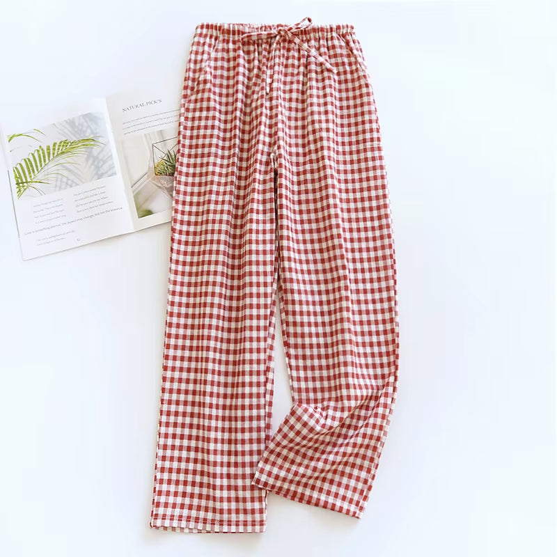Men's Cotton Gauze Plaid Sleep Pants and Women's Pajama Bottoms for Couples