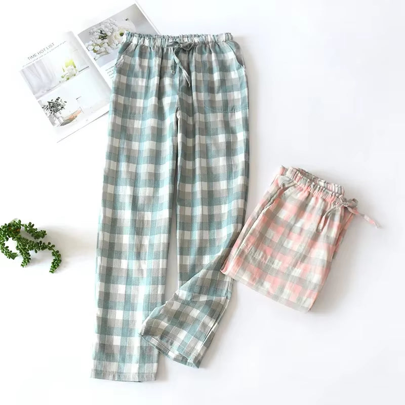 Men's Cotton Gauze Plaid Sleep Pants and Women's Pajama Bottoms for Couples