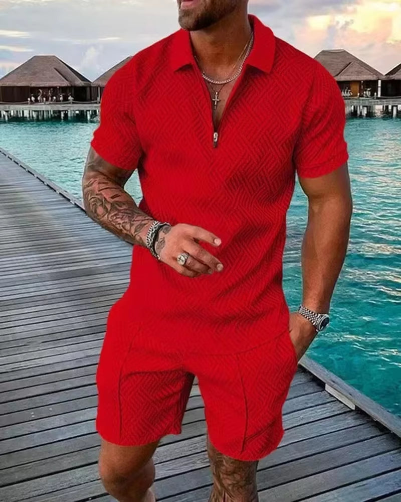 2026 Men's Fashion Polo Set - Solid Summer V-Neck Zipper Short Sleeve Shirt and Shorts Two-Piece Casual Suit