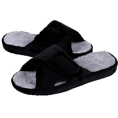 Women's Terry Cloth Fuzzy House Slippers with Arch Support - Open Toe Cotton Indoor Footwear for All Seasons