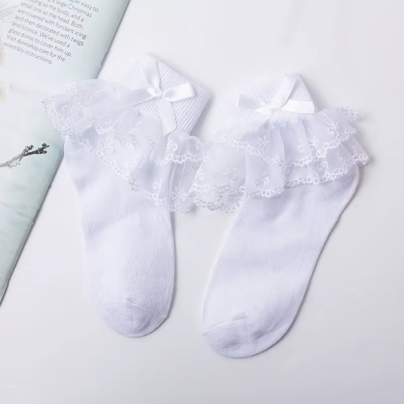 Girls' Cotton Lace Socks - White Princess Dance Socks for Children