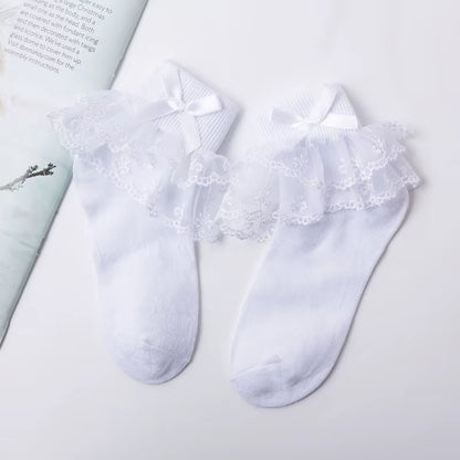 Girls' Cotton Lace Socks - White Princess Dance Socks for Children