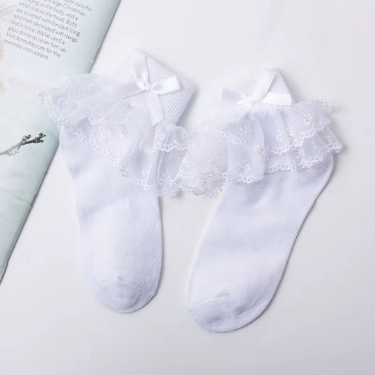 Girls' Cotton Lace Socks - White Princess Dance Socks for Children