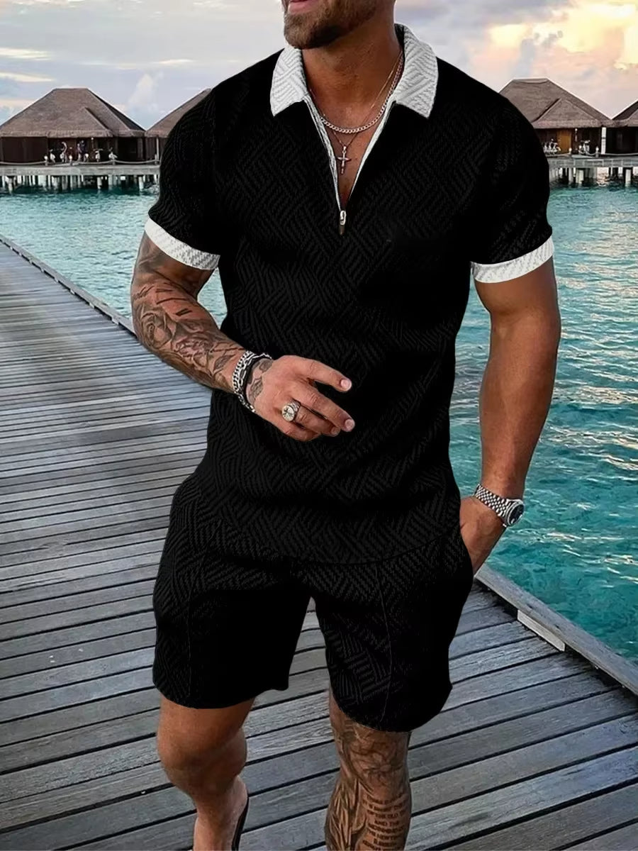 2026 Men's Fashion Polo Set - Solid Summer V-Neck Zipper Short Sleeve Shirt and Shorts Two-Piece Casual Suit