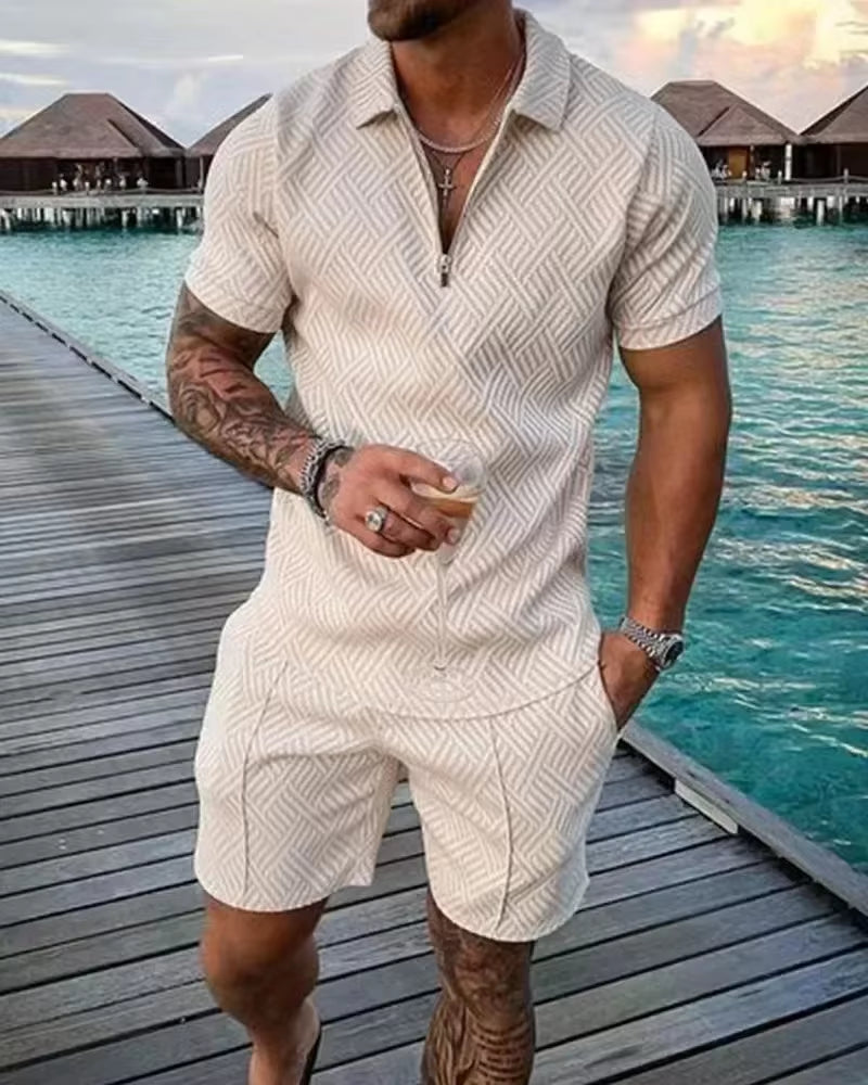 2026 Men's Fashion Polo Set - Solid Summer V-Neck Zipper Short Sleeve Shirt and Shorts Two-Piece Casual Suit