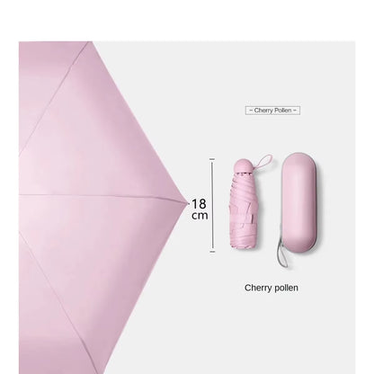 Portable Mini Capsule Umbrella - Dual Use Sunshade and Rain Protection with Black Rubber Alloy Handle, Foldable Design