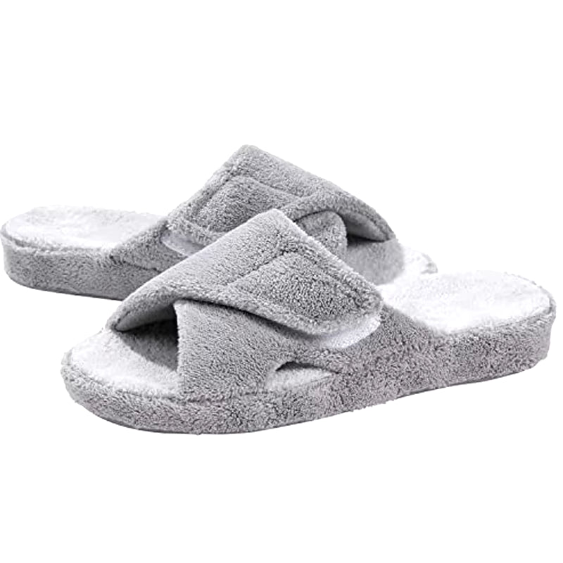 Women's Terry Cloth Fuzzy House Slippers with Arch Support - Open Toe Cotton Indoor Footwear for All Seasons
