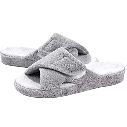 Women's Terry Cloth Fuzzy House Slippers with Arch Support - Open Toe Cotton Indoor Footwear for All Seasons