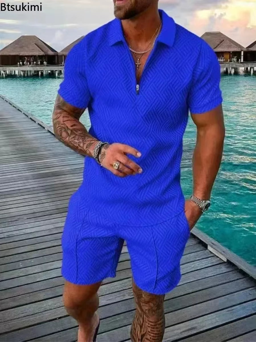 2026 Men's Fashion Polo Set - Solid Summer V-Neck Zipper Short Sleeve Shirt and Shorts Two-Piece Casual Suit